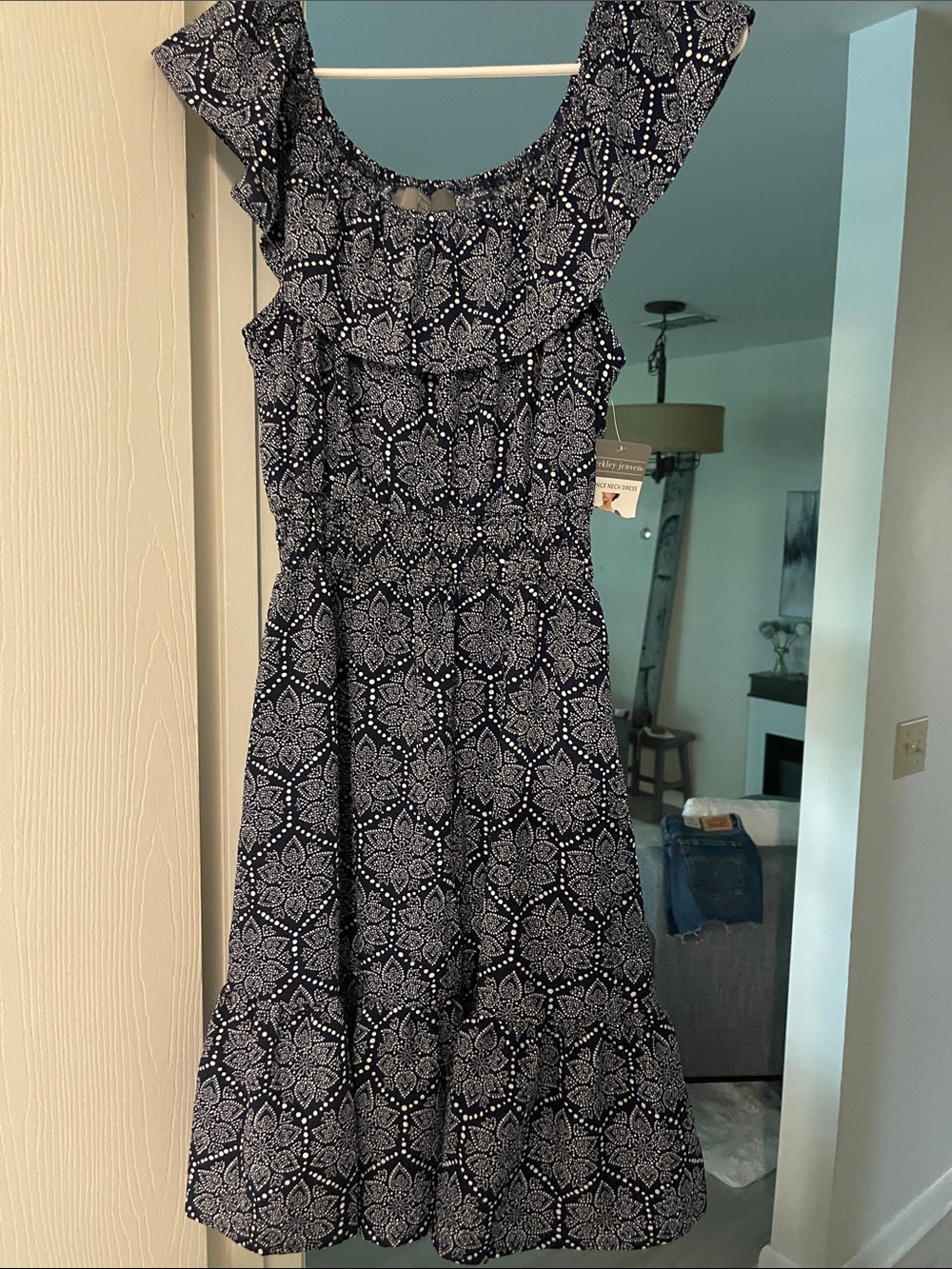 One-Shoulder Navy Printed Ruffle Dress - Picture 5 of 5